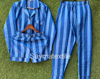 Conjunto de pijama de algodón hecho a mano: camisón estampado azul, ropa de dormir, regalo para ella.
