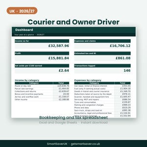 May include: A digital bookkeeping and tax spreadsheet for UK courier and owner drivers for the 2026/27 year. The dashboard displays income, expenses, profit, tax, and NI figures, with detailed category breakdowns for earnings and business costs.
