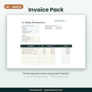 May include: A digital invoice template titled Invoice Pack with the text UK 2026/27, R. Colley Maintenance, and details for Hartley Lettings. The document includes columns for description, quantity, unit price, and amount, plus a payment tracker.