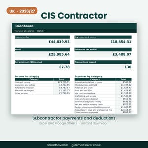 May include: A digital dashboard for a CIS Contractor for the 2026/27 tax year. The interface displays financial data including income, expenses, profit, and estimated tax. Tables categorize income and expenses with specific monetary values in pounds.