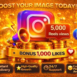 Può includere: Annuncio pubblicitario a tema oro e arancione, con logo Instagram, megafono e pile di monete. Il testo include "BOOST YOUR IMAGE TODAY!" e "BONUS 1.000 LIKES". Ulteriori icone e testo promuovono "Consegna immediata" e "Crescita di alta qualità".