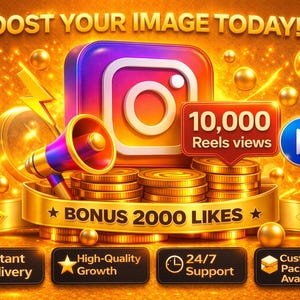 May include: A promotional graphic with the Instagram logo and the text "BOOST YOUR IMAGE TODAY!". It includes a megaphone, gold coins, and icons for services like instant delivery and 24/7 support. The graphic also states "BONUS 2000 LIKES".