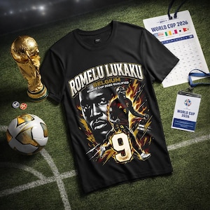 Puede incluir: Camiseta negra con un gráfico de Romelu Lukaku, el futbolista belga, y el texto "ROMELU LUKAKU BELGIUM WORLD CUP 2026 QUALIFIED" y el número 9. Un balón de fútbol, un trofeo y una insignia de la Copa del Mundo 2026 también son visibles.