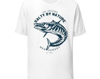 Salty By Nature Fishing T-Shirt  |  Premium Saltwater Fishing Printed Shirt for Men New Jersey EST 2018