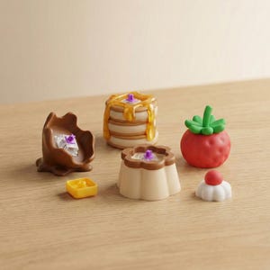 May include: A selection of small food toys, including pancakes with syrup, a strawberry, a pudding, and a chocolate egg with ice. The toys are brightly coloured and made of plastic.