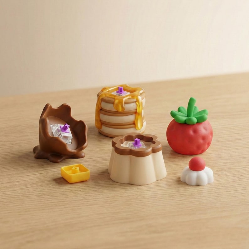 May include: A selection of small food toys, including pancakes with syrup, a strawberry, a pudding, and a chocolate egg with ice. The toys are brightly coloured and made of plastic.