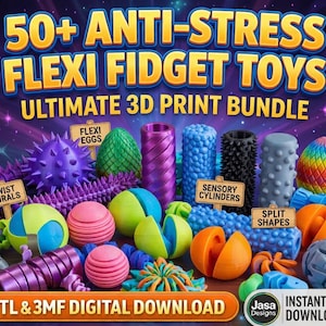May include: A colourful image displaying a collection of 50+ anti-stress flexi fidget toys. The toys are in various shapes and colours, including cylinders, spheres, and split shapes. Text on the image reads "Ultimate 3D Print Bundle" and "STL & 3MF Digital Download."