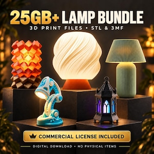 Può includere: Una collezione digitale intitolata 25GB+ LAMP BUNDLE 3D PRINT FILES STL & 3MF che presenta cinque distinti design di lampade, tra cui una lampada geometrica arancione e rossa, una lampada bianca a spirale, una lampada verde a coste, una lampada blu articolata e una lanterna nera.