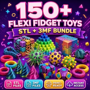 May include: A digital collection of 150+ flexi fidget toys in STL and 3MF file formats. The image displays various 3D-printed style geometric shapes, including cubes, spheres with spikes, and interlocking rings in vibrant purple, green, and yellow.