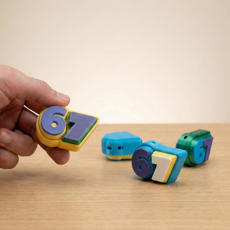 May include: A selection of brightly coloured number blocks, displaying the numbers 6 and 7. The blocks are in shades of blue, yellow, green, and white. One block is held in a hand, with others on a wooden surface.