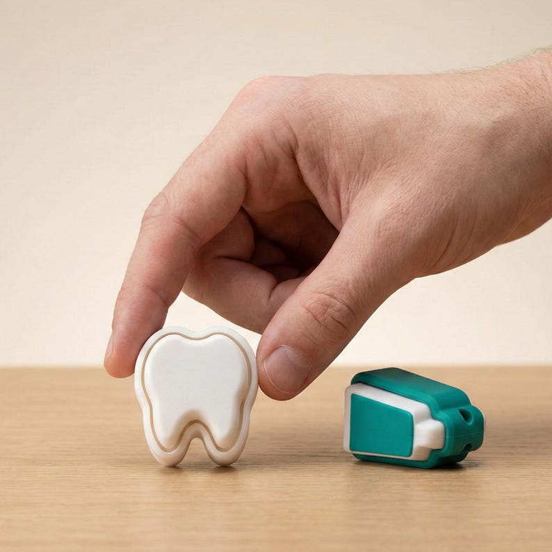 May include: A white tooth-shaped object with a cream-coloured border and a teal and white dental floss dispenser on a wooden surface. A hand is reaching for the tooth-shaped object.