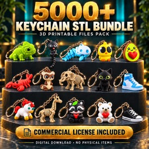 May include: A digital collection of 5000+ keychain STL files for 3D printing. The image displays various colorful keychain designs including animals, skeletons, and shoes, with text stating 5000+ KEYCHAIN STL BUNDLE and COMMERCIAL LICENSE INCLUDED.