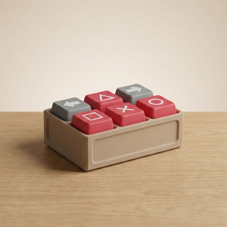 May include: A beige rectangular container holds six colourful, square-shaped buttons. The buttons are a mix of red and grey, each with a different white symbol. The symbols include arrows, a triangle, a circle, and an X.