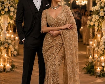 Champagne Gold Embroidered Saree, Designer Indian Wedding Wear, Festive Ethnic Wear