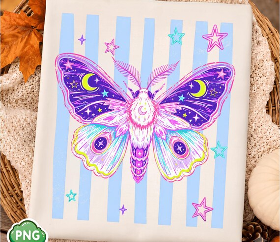 Neon Moon Moth PNG | Celestial Butterfly Sublimation Design | Cosmic Witchy Aesthetic Clipart | Galaxy Night Wings | Digital Download