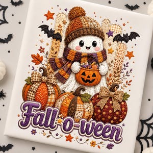 May include: A rectangular canvas print featuring a white ghost wearing a brown knit hat and a plaid scarf, holding an orange jack-o'-lantern candy bucket. Three patterned pumpkins sit below, with the purple text Fall-o-ween and small bats.