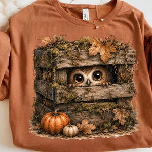 以下が含まれることがあります： 錆色のTシャツで、大きな目をした茶色のフクロウが古びた木箱から顔を出しているグラフィックプリントが施されています。木箱は緑色の苔、茶色の秋の葉、そして木箱の底にある2つのオレンジ色のカボチャで装飾されています。