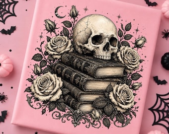 Gothic Skull Book PNG | Dark Academia Rose Sublimation Design | Spooky Book Lover Shirt PNG | Vintage Skull Clipart