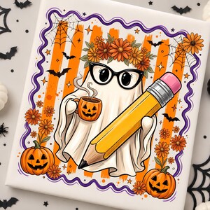 May include: A square print featuring a white ghost wearing black glasses and a floral crown, holding a steaming orange jack-o'-lantern mug and a large yellow pencil. The background has orange stripes, pumpkins, spiderwebs, and bats.
