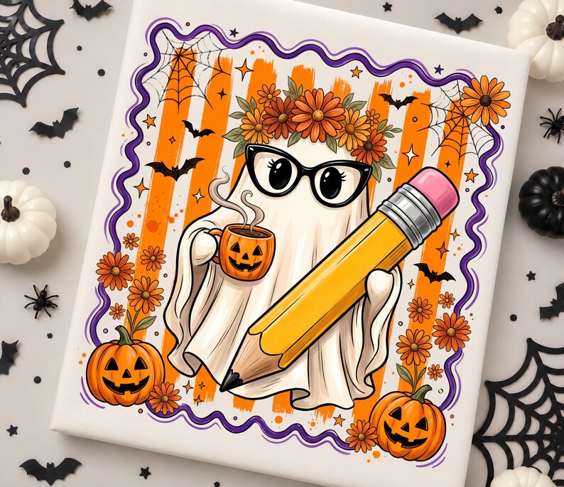 May include: A square print featuring a white ghost wearing black glasses and a floral crown, holding a steaming orange jack-o'-lantern mug and a large yellow pencil. The background has orange stripes, pumpkins, spiderwebs, and bats.