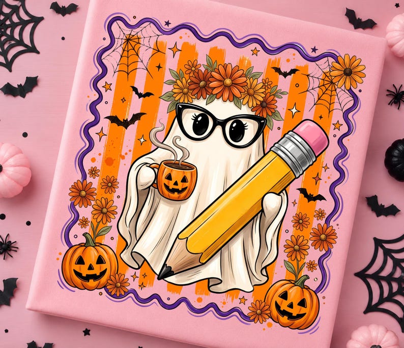 Teacher Ghost PNG | Cute Halloween Teacher Sublimation | Back to School Spooky Season PNG | Ghost with Pencil Design image 2