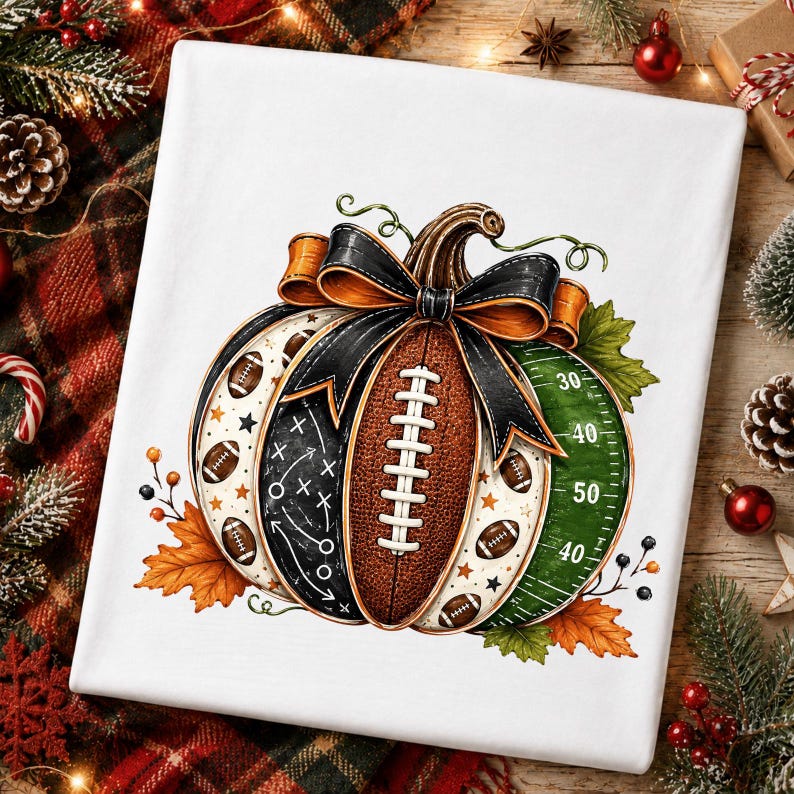 May include: A white fabric surface featuring a central graphic of a pumpkin designed with football elements. The pumpkin includes a brown football texture, a green field pattern with yard lines, and black sections with white play diagrams.