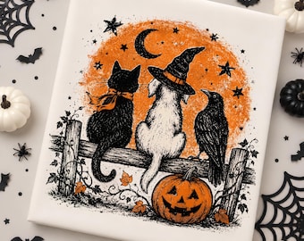 Halloween Cat Dog Raven PNG | Witch Dog Cat Sublimation Design | Spooky Halloween Friends PNG | Vintage Fall Artwork