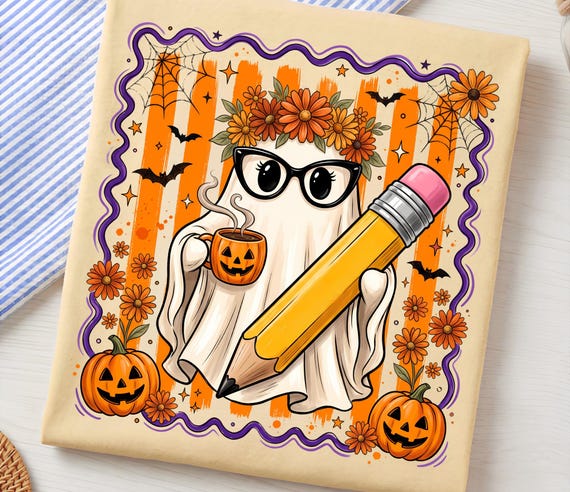 Teacher Ghost PNG | Cute Halloween Teacher Sublimation | Back to School Spooky Season PNG | Ghost with Pencil Design