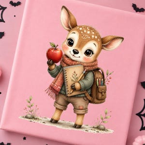 Puede incluir: Una ilustración de dibujos animados de un cervatillo con bufanda, suéter y mochila, sosteniendo una manzana roja y un cuaderno de espiral con un lápiz. El cervatillo tiene ojos grandes y oscuros, manchas blancas en la cabeza y está sobre tierra.