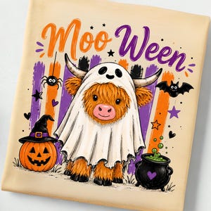 May include: A light beige t-shirt featuring a graphic of a fluffy orange highland cow wearing a white ghost costume. The text Moo Ween is printed above in orange and purple. The design includes a jack-o'-lantern, a black cauldron, and bats.