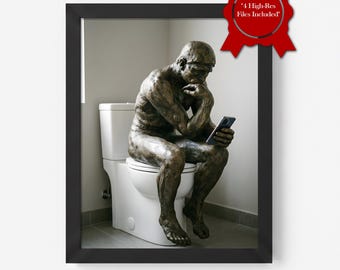 Funny Bathroom Wall Art Thinking Man on Toilet Poster Rodin Parody Print (Digital Download)