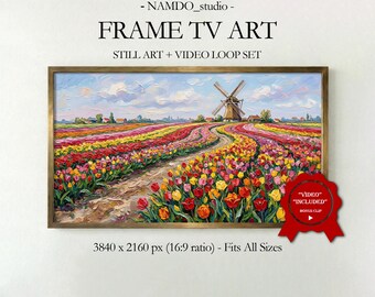 Dutch Tulip Field Frame TV Art, Windmill Spring Landscape (Digital Download)