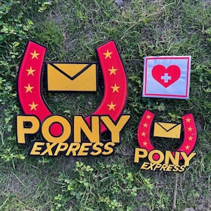 May include: Embroidered patches with the Pony Express logo. The design includes a red horseshoe with gold stars, a yellow envelope, and the words "PONY EXPRESS" in gold and black. A small patch with a red heart and white cross is also present.