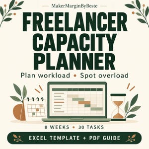 Op de afbeelding: Een digitale planner-afbeelding met de titel Freelancer Capacity Planner door MakerMarginByBeste. Het toont een laptop met een projectschema, een kalender en een zandloper. De tekst bevat Plan workload, Spot overload, 8 weeks, 30 tasks en Excel Template + PDF Guide.