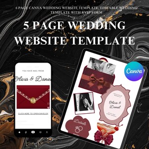 May include: A digital wedding website template shown on a tablet and smartphone. The template features design elements like a burgundy envelope, a cocktail, and wedding photos. Text includes "5 Page Wedding Website Template" and "Olivia & Daniel."