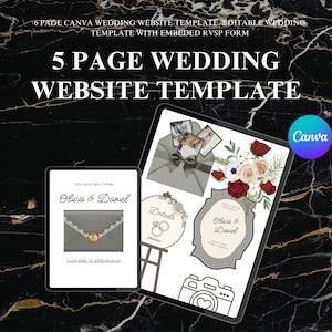 May include: A digital wedding website template displayed on a tablet and phone. The template includes design elements such as an envelope, floral arrangements, and the names "Olivia & Daniel". The text reads "5 Page Wedding Website Template".