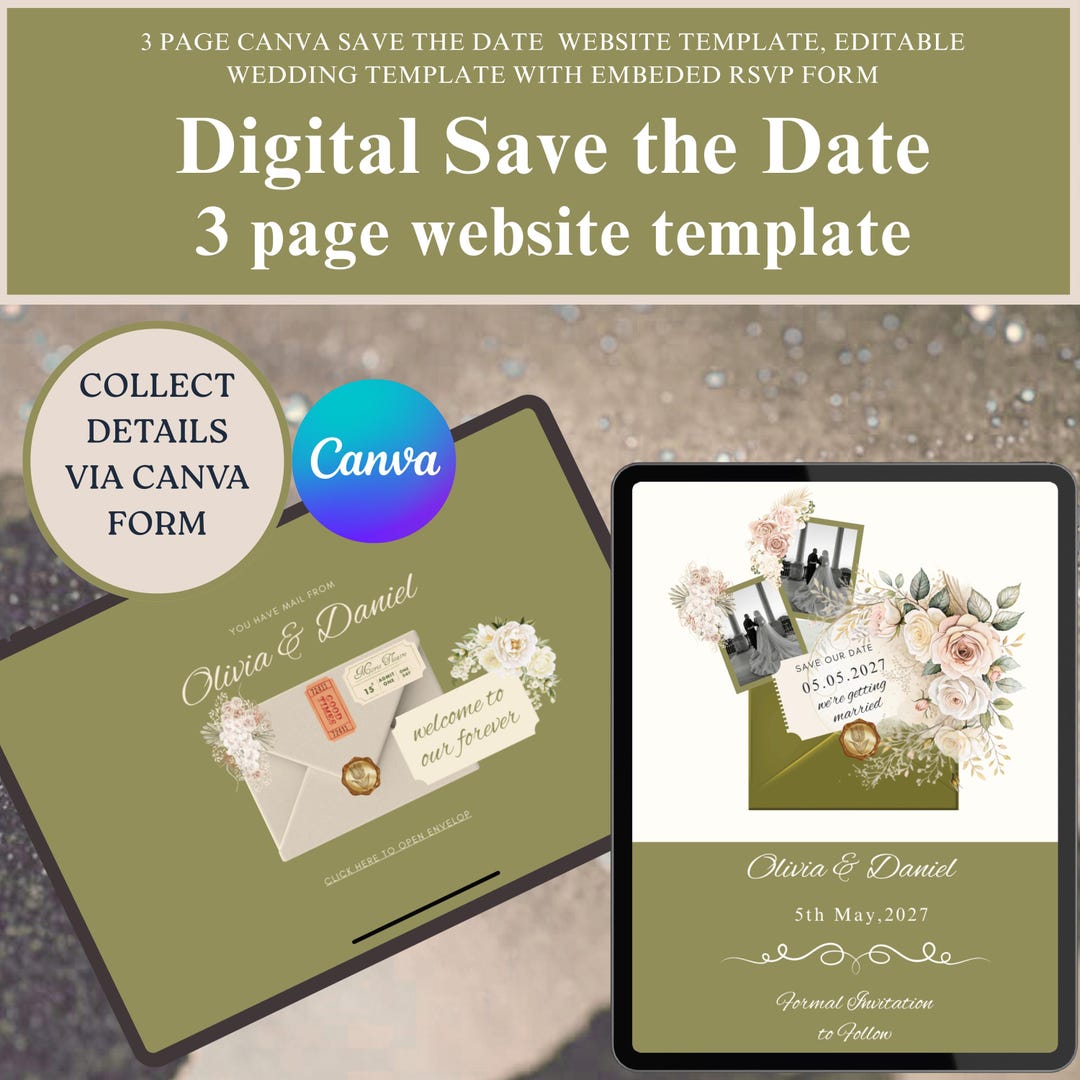Animated Olive Green and Beige Save the Date Website Template Canva ...