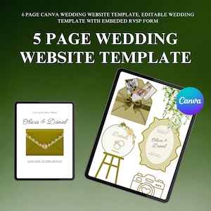 May include: A digital wedding website template displayed on two tablets. The design features a gold and white colour scheme with floral accents. Text includes "5 Page Wedding Website Template" and "Olivia & Daniel."