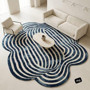 Abstract Wave Rug, Irregular Blue Ivory Area Rug, Hand-Tufted Wool, Organic Wavy Design, Modern Statement Rug for Living Room