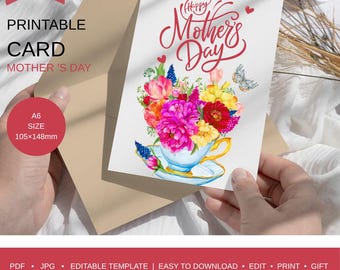 Mother's Day Card, Printable Mother's Day Greeting Card, Floral Mom Card, Digital Download| Canva