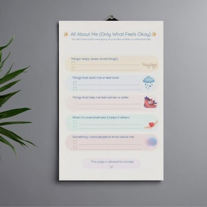 Op de afbeelding: Een witte poster met de titel "All About Me (Only What Feels Okay)" met secties voor het opsommen van leuke dingen, uitputtende dingen, kalmerende dingen en dingen om te delen. Bevat illustraties en de tekst "enjoy!"