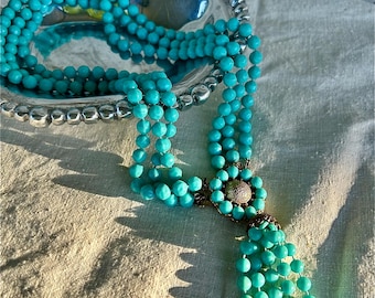 Vintage Turquoise 3-Strand Beaded Tassel Necklace