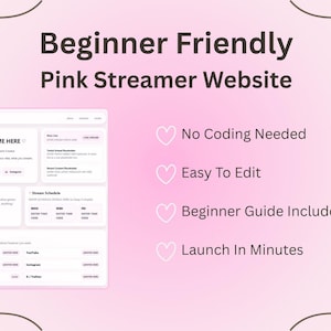 Op de afbeelding: Een roze afbeelding die een "Beginner Friendly Pink Streamer Website" promoot. De website-interface wordt weergegeven, met de tekst "Enter Name Here". Extra tekst benadrukt functies: "No Coding Needed", "Easy To Edit", "Beginner Guide Included" en "Launch In Minutes".