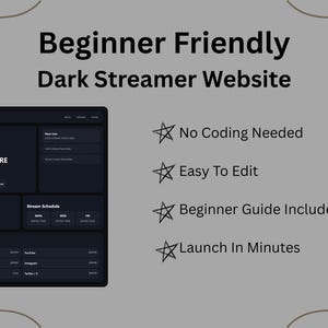 Puede incluir: Interfaz de sitio web de tema oscuro para streamers, etiquetada como "Beginner Friendly". El diseño incluye secciones para una foto de perfil, nombre y enlaces de redes sociales. El texto destaca las características: "No Coding Needed", "Easy To Edit" y "Launch In Minutes".