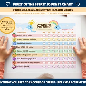 May include: A printable Fruit of the Spirit Journey chart for kids featuring a weekly behavior tracker with rows for love, joy, peace, patience, kindness, goodness, faithfulness, gentleness, and self-control, each marked with colorful fruit icons.