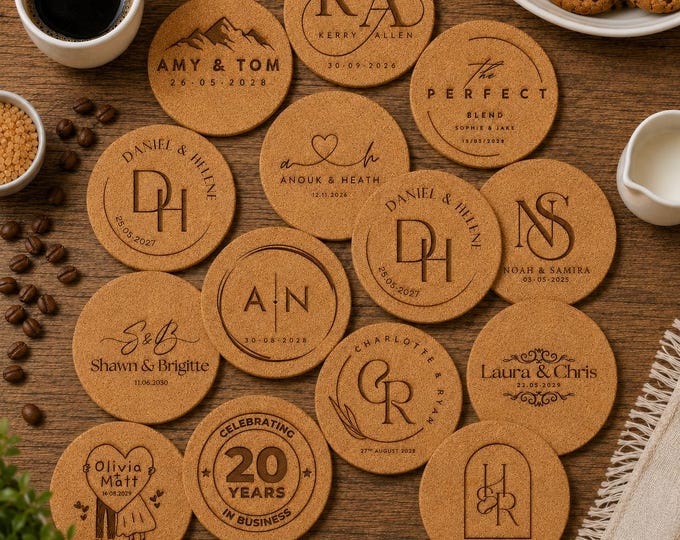 Featured listing image: Personalised Cork Coasters, Wedding Favours, Custom Engraved Drinkware, Party Gifts