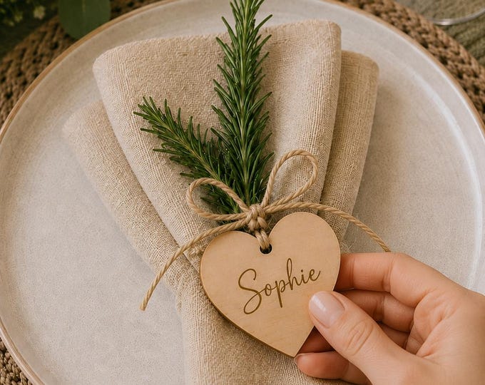 Featured listing image: Personalised Wooden Heart Wedding Place Names – Engraved  Favours, Rustic Table Name Tags