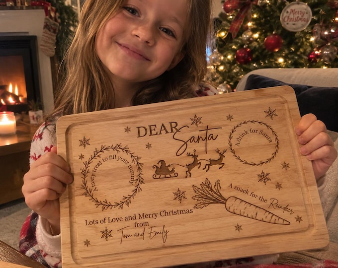 Featured listing image: Personalised Santa Christmas Eve Treat Board, Tray for Santa & Reindeer, Engraved Wooden Snack
