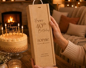 Personalised Wooden Wine Box for Birthdays | Engraved Birthday Keepsake Gift | Custom Wine Bottle Presentation Box