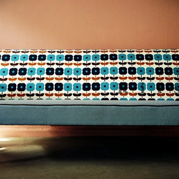 Blue Daisy 1950s Sofa- Retro Graphic Upholstered Furniture Work. Scandinavian Reproduction (SF002)